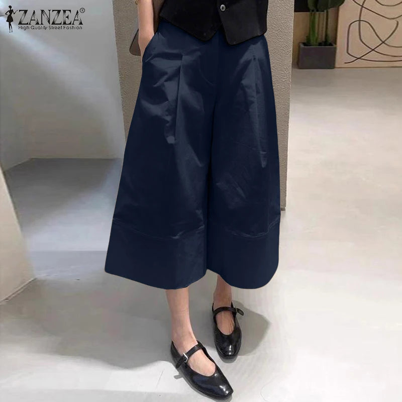 ZANZEA Women Casual Calf-Length Pants Elastic Back Waist Solid Color Wide-Leg Cropped Pant Loose Cozy Woman Bottoms Fall 2025