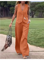 Casual Tank And Wide Leg Pant Sets 2 Piece Sets Women Outfit Summer Elegant Solid Cotton Linen Tops Trousers Suit Femme