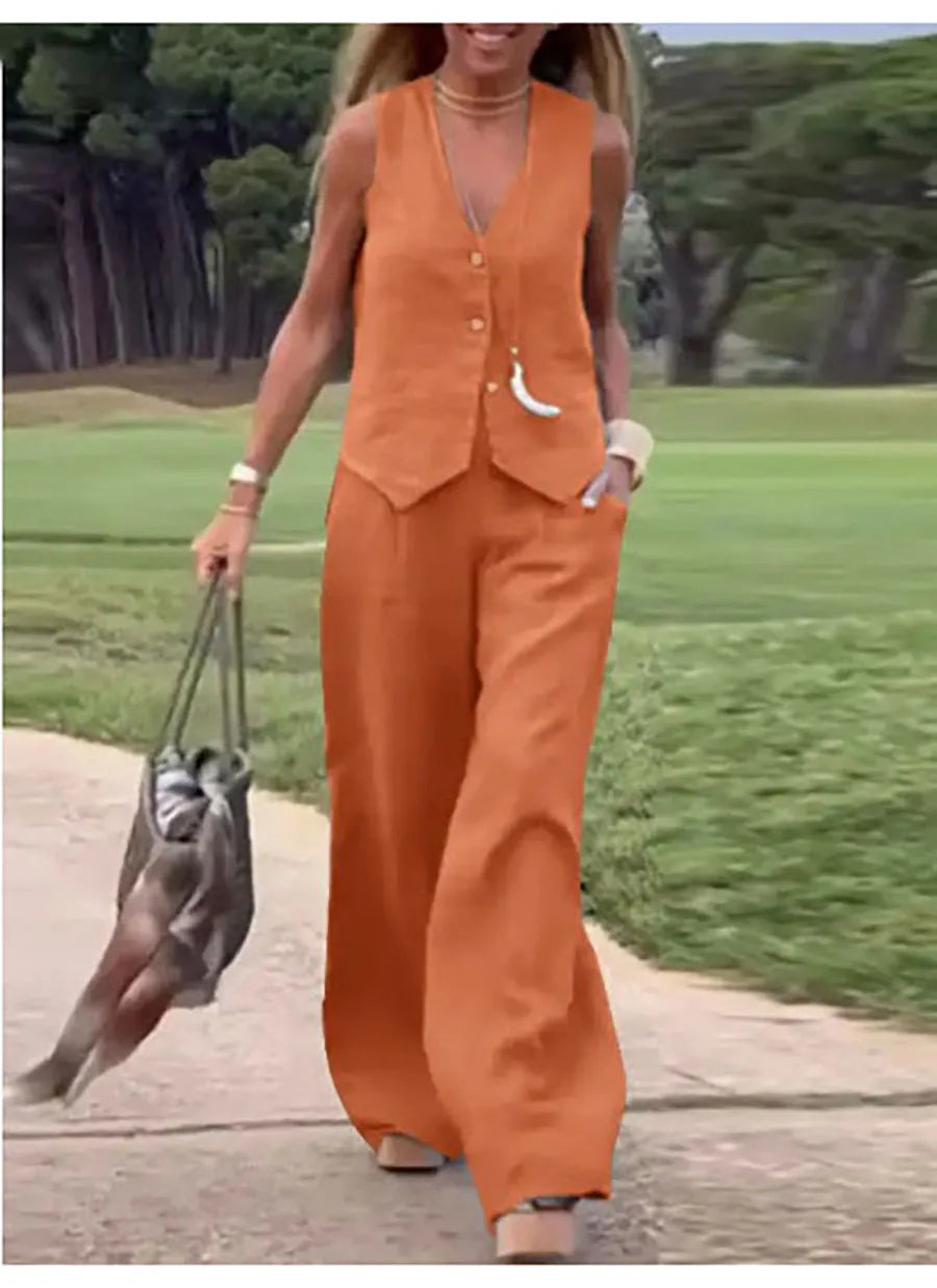 Casual Tank And Wide Leg Pant Sets 2 Piece Sets Women Outfit Summer Elegant Solid Cotton Linen Tops Trousers Suit Femme