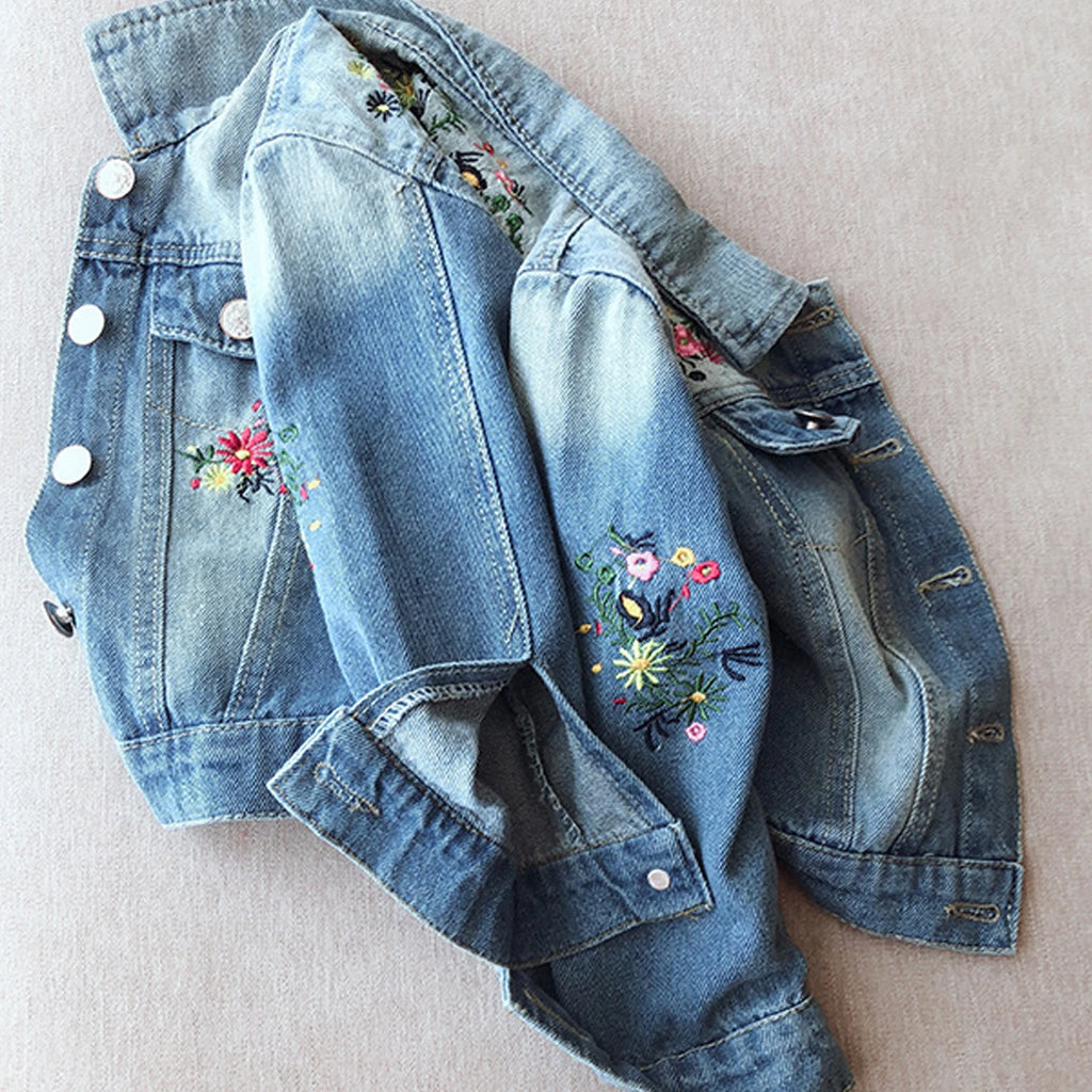 Girls' Denim Jacket with Embroidered,Flowers Fashion Kids Denim Jacket,Toddlers Transition Coat,Casual Children's Cowboy Outwear