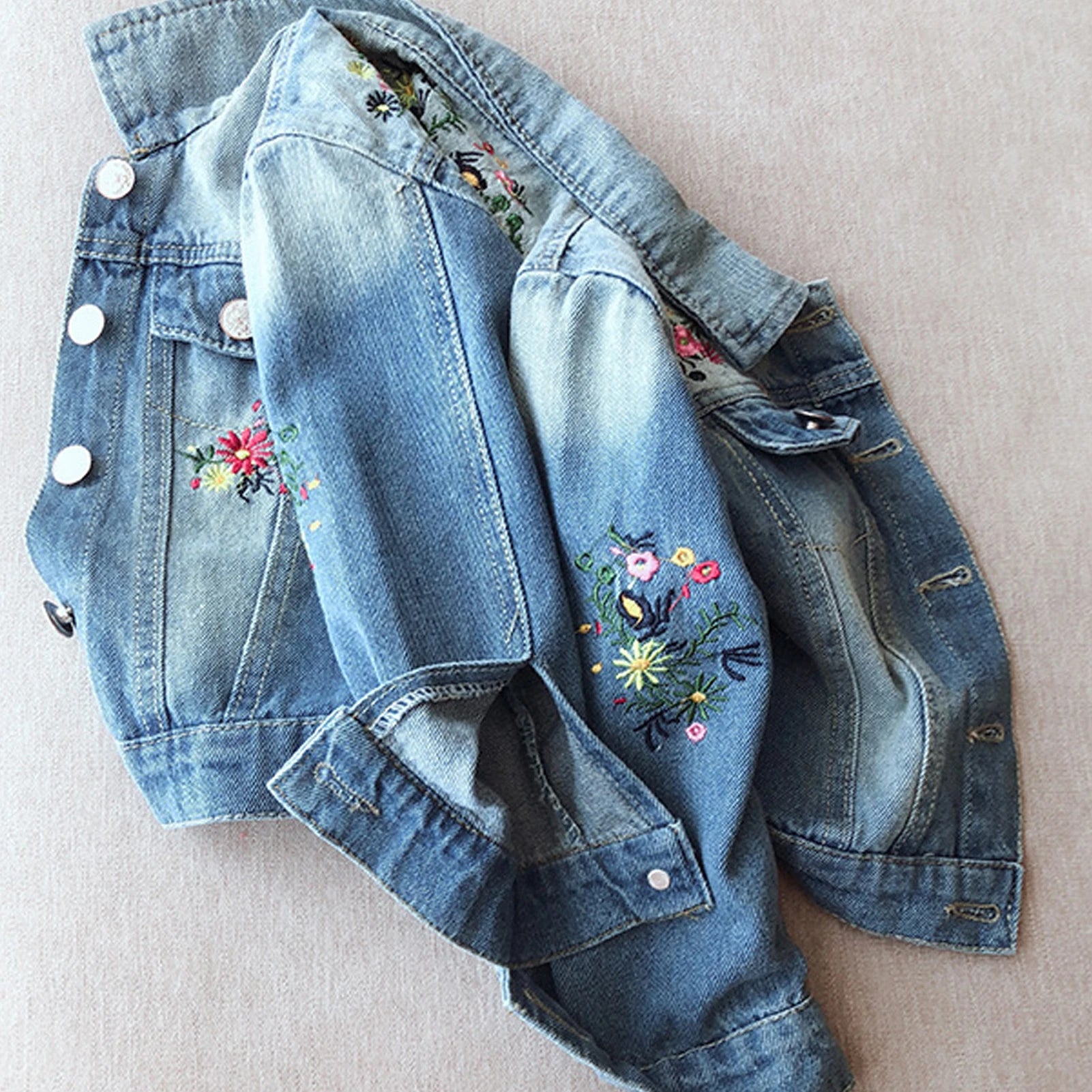 Girls' Denim Jacket with Embroidered,Flowers Fashion Kids Denim Jacket,Toddlers Transition Coat,Casual Children's Cowboy Outwear