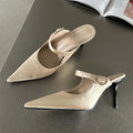 Eilyken Satin Button Pointed Toe Mules Pumps Women Slipper Fashion Shallow Thin High Heels Ladies Shoes