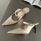 Eilyken Satin Button Pointed Toe Mules Pumps Women Slipper Fashion Shallow Thin High Heels Ladies Shoes