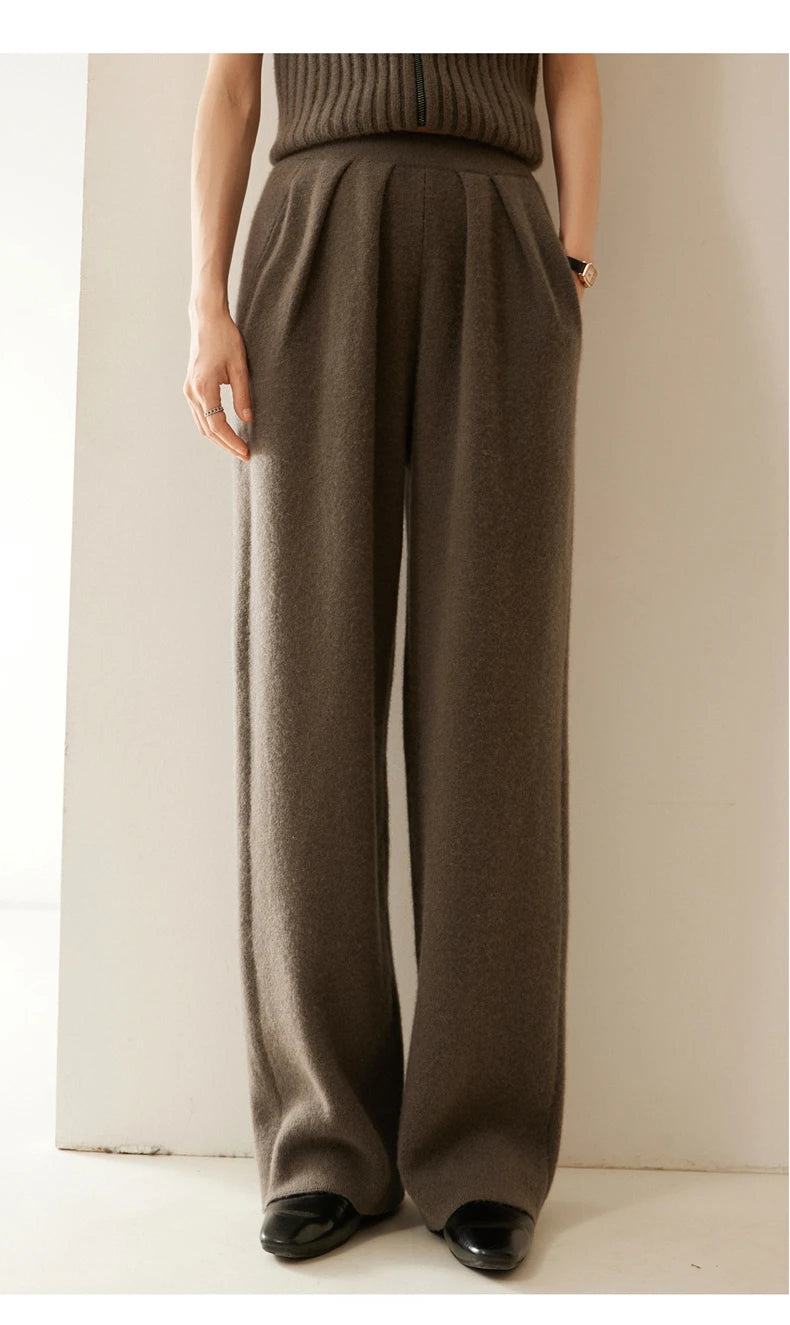 New Women's 100% Cashmere Knitted Thick Pants Autumn Winter Comfortable Skin Friendly Wide-leg Pants Solid Color Casual Clothing