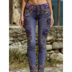 Womens European American Style Floral Print Jeans Straight Leg Casual Denim Pants