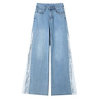 High Waist Women Jeans New Summer Thin Fashion Loose Hollow Out Wide Leg Pearl Lace Rayon Denim Pants