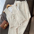 Womens Korean Style Cotton Linen 2 Piece Set Casual Vest Wide Leg Pants Summer Fashion Streetwear Outfits
