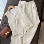 Womens Korean Style Cotton Linen 2 Piece Set Casual Vest Wide Leg Pants Summer Fashion Streetwear Outfits