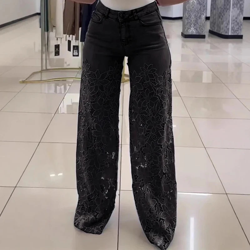 Lace Spliced Elegant Hollow Out Jeans Women New Fashion Temperament High Waist Straight Loose Denim Trousers Y2k Streetwear