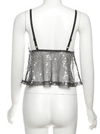 Weird Puss Sequins Patchwork Mesh Camisole Women v-Neck Sexy Backless Summer Trend Street Midnight Versatile Hottie Classic Tops