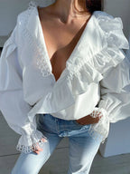 Women's White Tie Front Knot Blouse Elegant Sexy Oversized Collared Shirt with Bow Detail 2026 Women's Office Wear Tops
