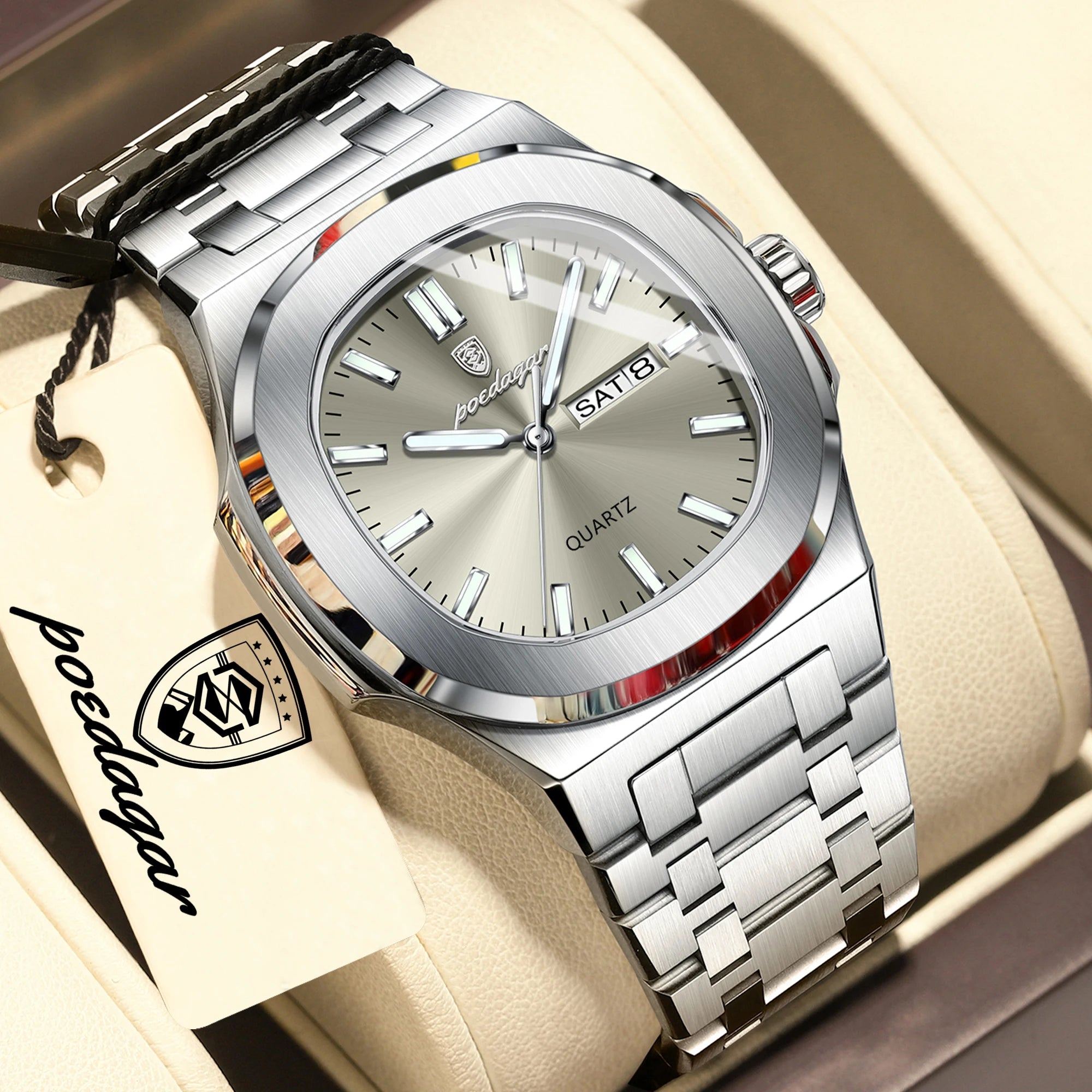 POEDAGAR Top Trendy Men's Watches Waterproof Luminous Date Week Luxury Men Watch Stainless Steel Quartz Business Man Clock Reloj