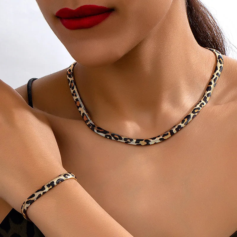 Leopard Print Snake Bracelet Necklace Set