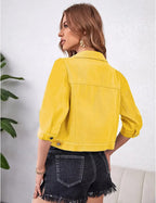 Womens Jean Jacket Cropped Denim Jackets Purple Yellow White Blue Stretchy 3/4 Puff Sleeve Distressed Shacket With Pockets
