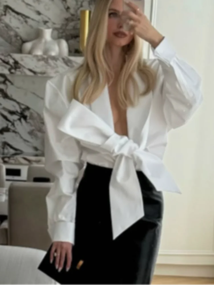 Women's White Tie Front Knot Blouse Elegant Sexy Oversized Collared Shirt with Bow Detail 2026 Women's Office Wear Tops