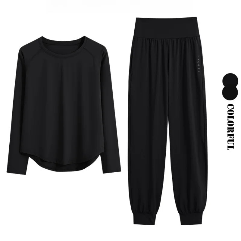 DRUR 2pcs Yoga Set Women Sports Pants Sets 2 Piece Sportswear Outfit Female Long Sleeve Fitness Top High Waist Sweatpants Suits