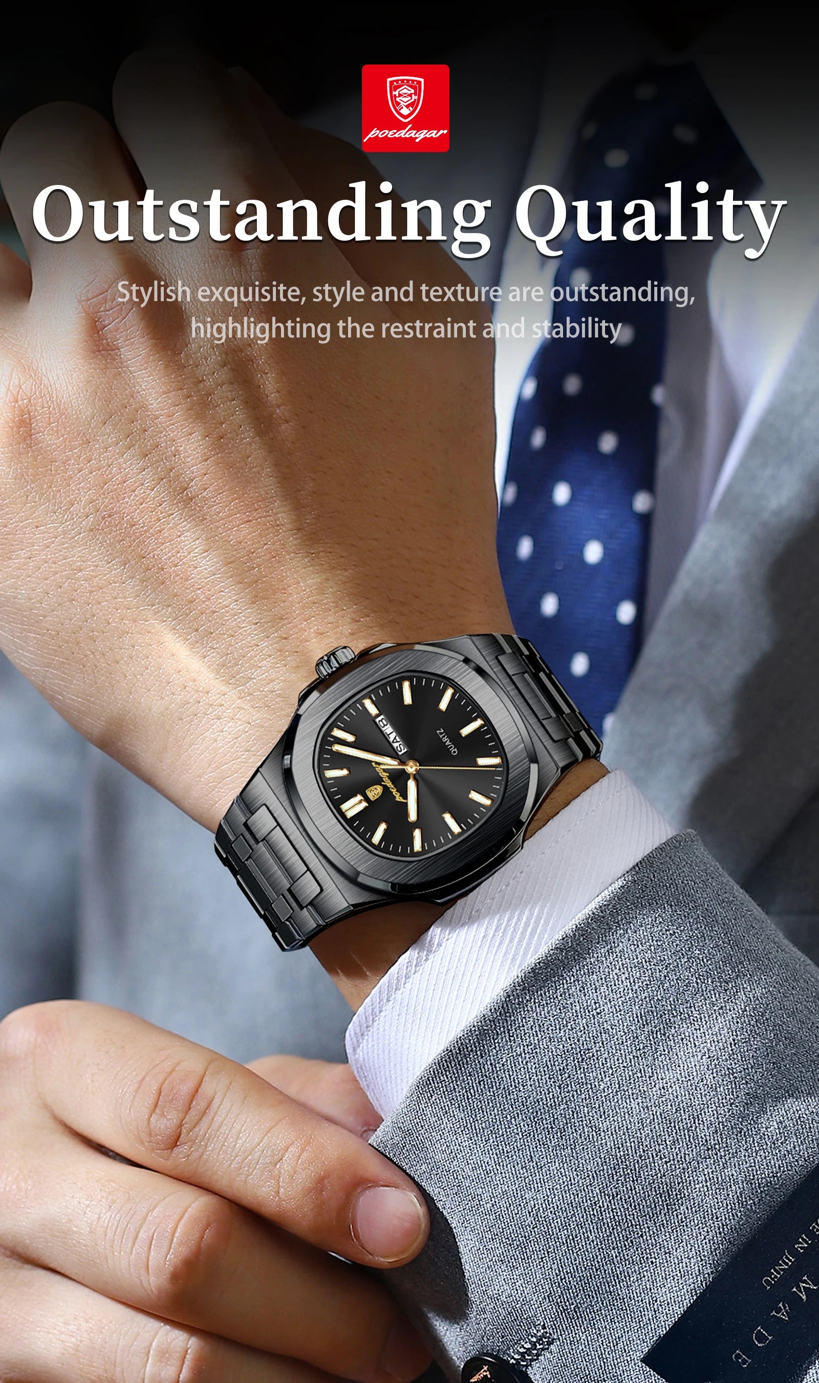 POEDAGAR Top Trendy Men's Watches Waterproof Luminous Date Week Luxury Men Watch Stainless Steel Quartz Business Man Clock Reloj