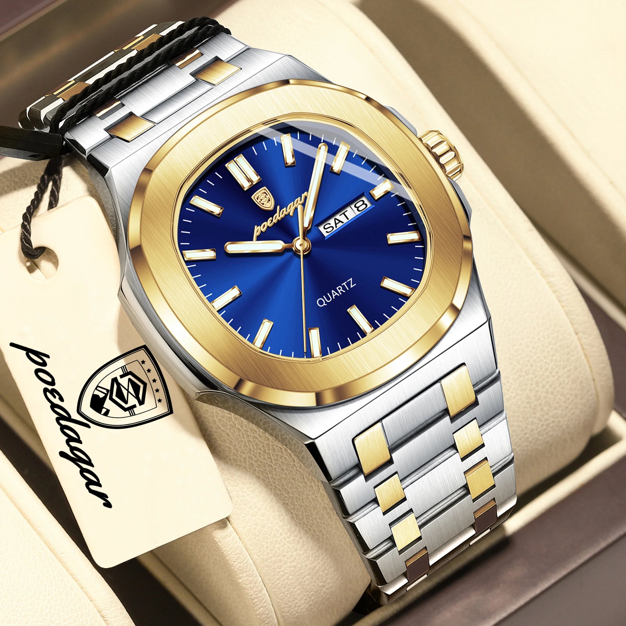 POEDAGAR Top Trendy Men's Watches Waterproof Luminous Date Week Luxury Men Watch Stainless Steel Quartz Business Man Clock Reloj