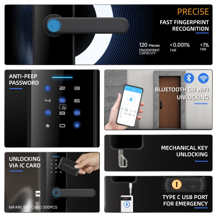 C91 Tuya Smart WiFi Password Fingerprint Electronic Door Lock(Silver)