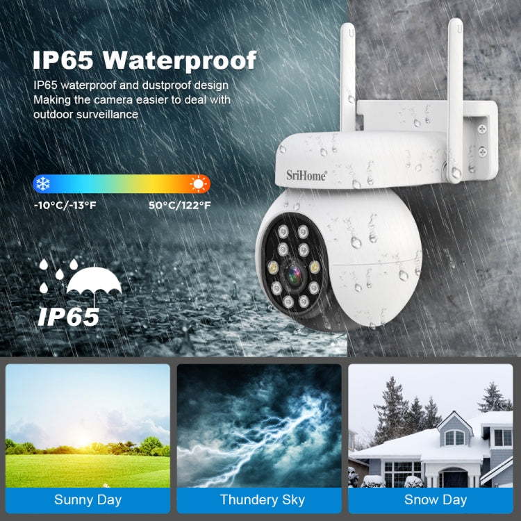 SriHome SH052 Wifi 5MP Wireless PTZ IP AI Auto Tracking Sound&Light Alarm Starlight Color Night Vision Outdoors Surveillance Camera, Plug: AU