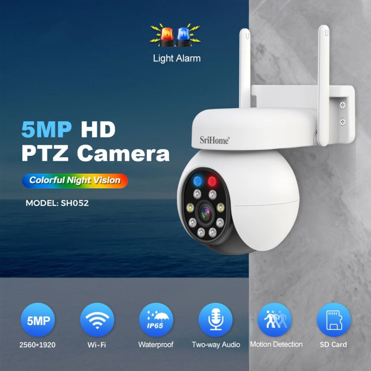 SriHome SH052 Wifi 5MP Wireless PTZ IP AI Auto Tracking Sound&Light Alarm Starlight Color Night Vision Outdoors Surveillance Camera, Plug: UK