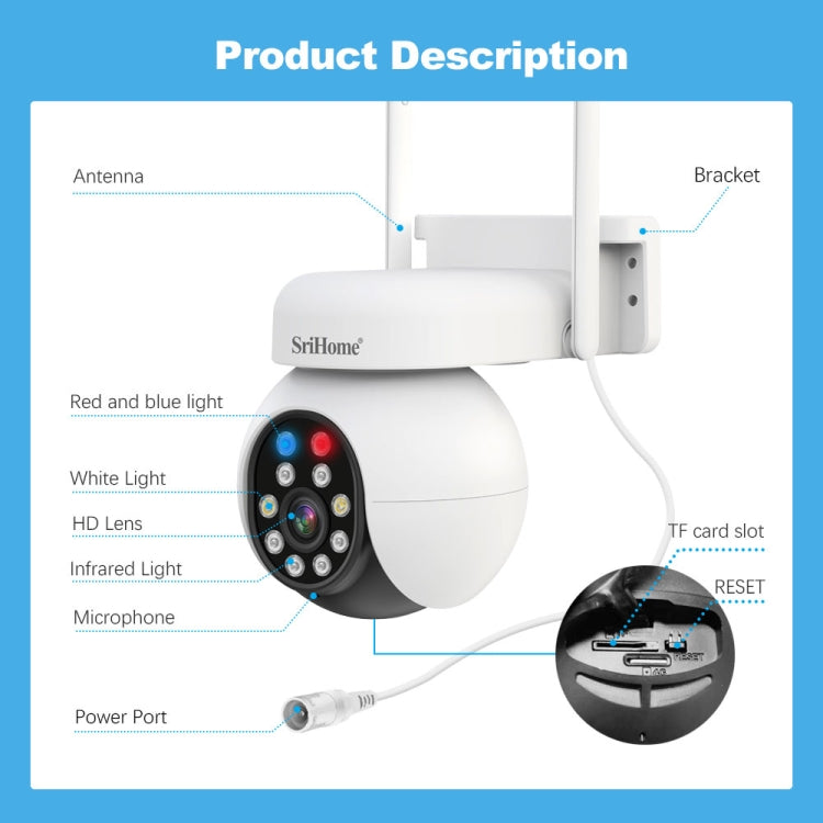 SriHome SH052 Wifi 5MP Wireless PTZ IP AI Auto Tracking Sound&Light Alarm Starlight Color Night Vision Outdoors Surveillance Camera, Plug: AU