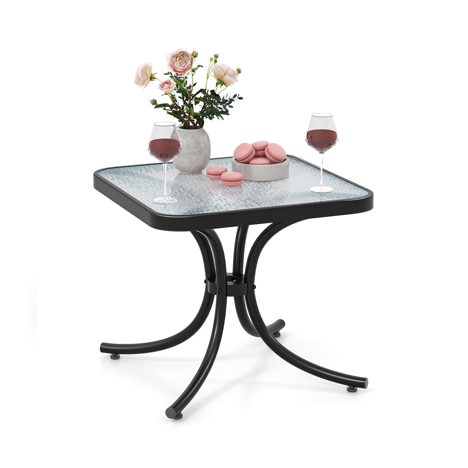 Tempered Glass Top Patio Table with Heavy-duty Metal Frame for Garden Poolside-Black