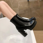 Winter Boots Lady Boots-Women Shoes Zipper Luxury Designer Rubber High Heel Ankle Fashion Rome Solid PU Basic Square Toe