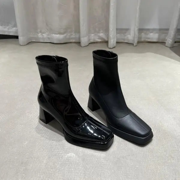 Winter Boots Lady Boots-Women Shoes Zipper Luxury Designer Rubber High Heel Ankle Fashion Rome Solid PU Basic Square Toe