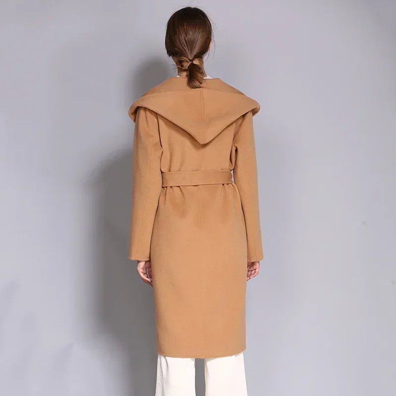 Women's Double-Sided Cashmere Wool Coat - Long Hooded Buttonless Mid-Length Coat with Lace-Up Design