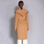 Women's Double-Sided Cashmere Wool Coat - Long Hooded Buttonless Mid-Length Coat with Lace-Up Design