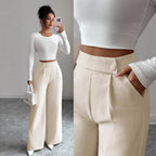 Women's High-Waist Straight-Leg Pants – Solid Color Button Detail Full Length