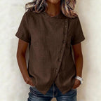 Women's Cross-Neckline Asymmetrical Hem Cotton Linen Top – Loose Fit
