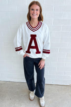 Red Dahlia Chenille Letter A Varsity Striped V Neck Sweatshirt