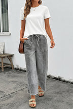 Prussian Blue Drawstring Seam Detail Raw Hem Wide Leg Denim Pants