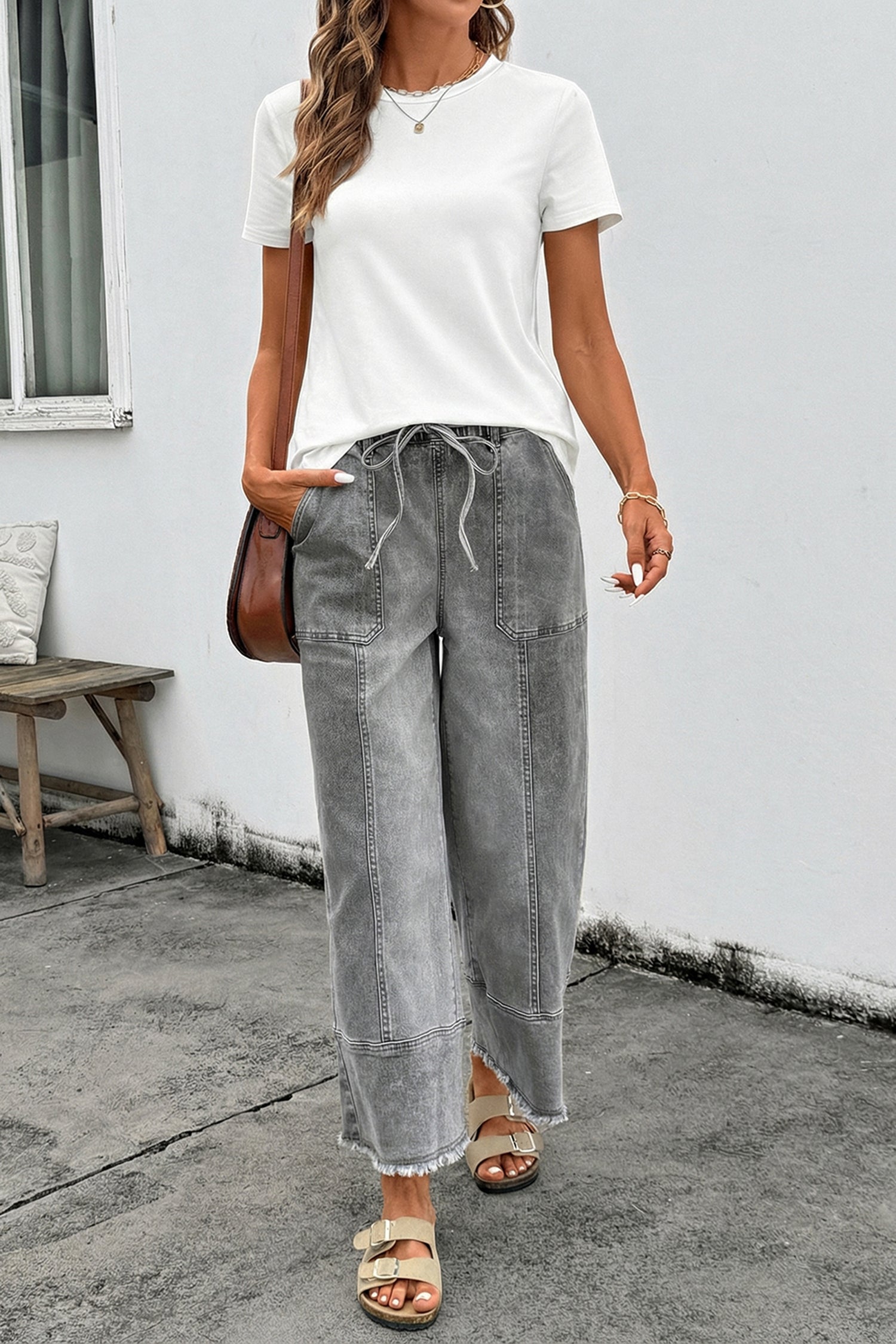 Prussian Blue Drawstring Seam Detail Raw Hem Wide Leg Denim Pants