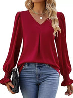 V-Neck Long Sleeve Ruffle Cuff Blouse