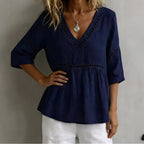 Women's V-Neck Hollow-Out Fringe Cotton-Linen Top