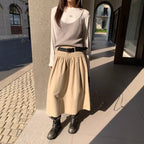 Relaxed A-Line Crushed Pleat Cotton Midi Skirt with Belt