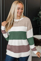 Brown Mixed Texture Knit Striped Colorblock Loose Sweater