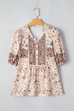 Khaki Boho Floral Print Half Placket Short Sleeve Loose Blouse