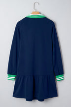 Navy Blue Contrast Striped Cuffs Polo Collar Patchwork Long Sleeve Ruffle Hem Mini Dress