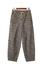 Khaki Leopard Print Drawstring Elastic Waist Loose Denim Pants with Pockets