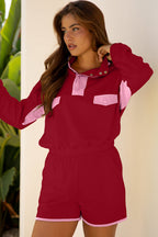 Black Color Block Patchwork Half Button Pullover and Shorts 2pcs Outfit