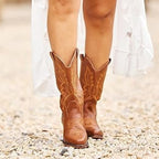 IUV Womens Size 8 Brown Faux Leather Embroidered 1.5" Heel Cowboy Boot Shoes