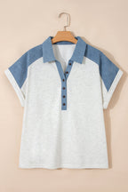 Beige Plus Size Contrast Denim Patchwork Cuffed Sleeve Polo Tee