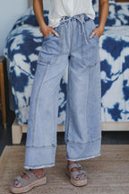 Prussian Blue Drawstring Seam Detail Raw Hem Wide Leg Denim Pants