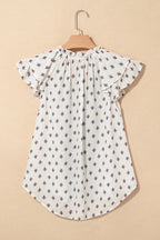 White Boho Pattern Tiered Ruffled Sleeve V Neck Buttoned Blouse