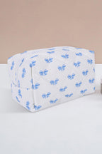 Sky Blue Bow Knot Quilted Zipper Makeup Bag