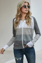 Multicolor Zipped Front Colorblock Hollow-out Knit Hoodie